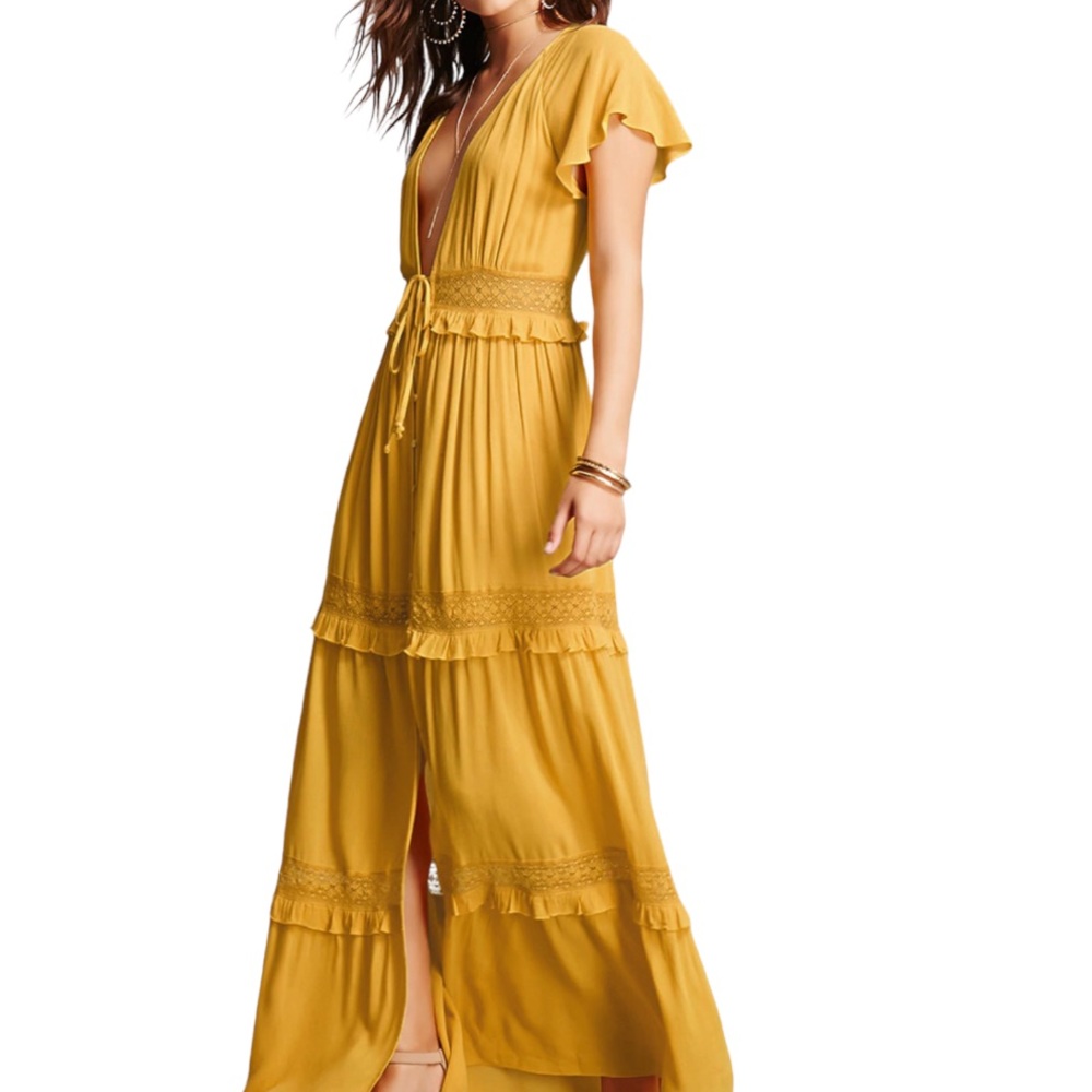 Promesa Mustard Ruffle Details Maxi Dress Sz S